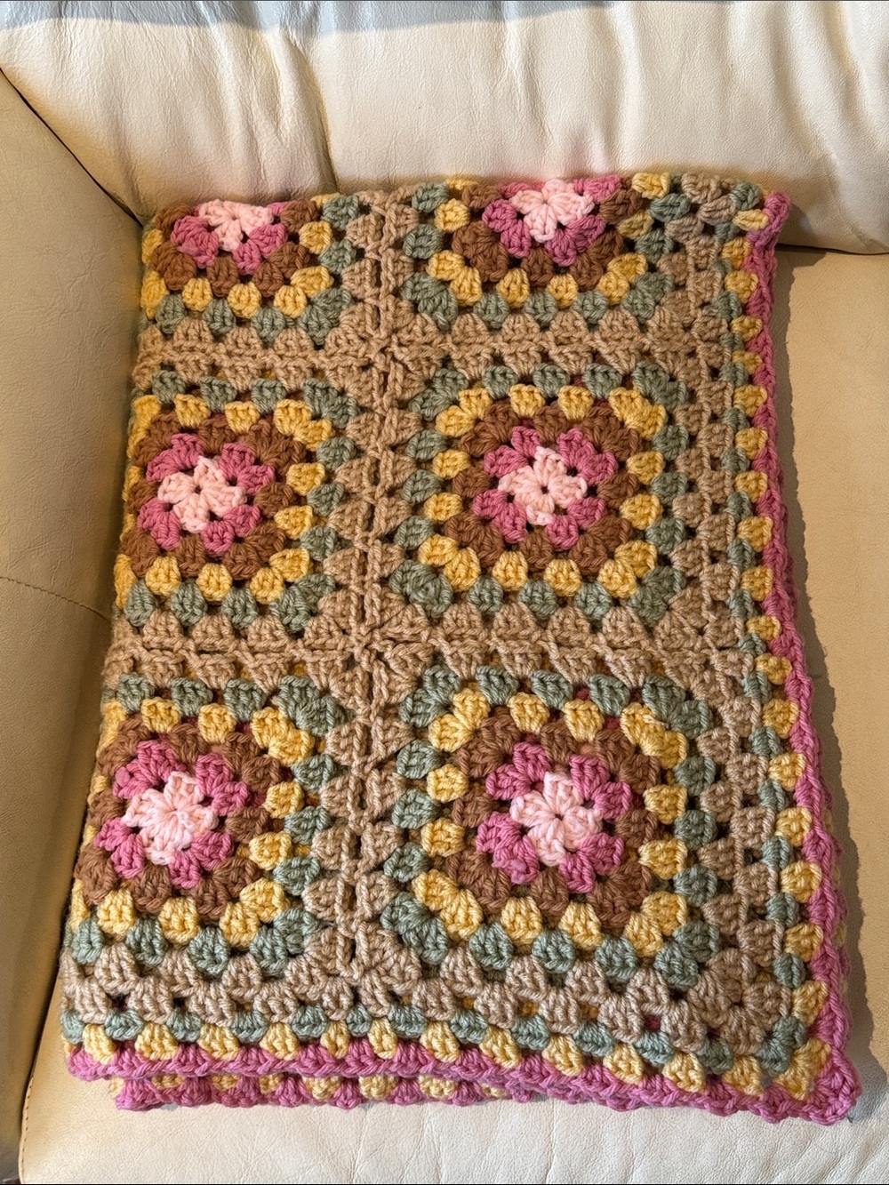 Handmade Blanket-Crocheted Granny Square-Pink/Brown/Green/Yellow-Gently Used - Picture 3 of 17